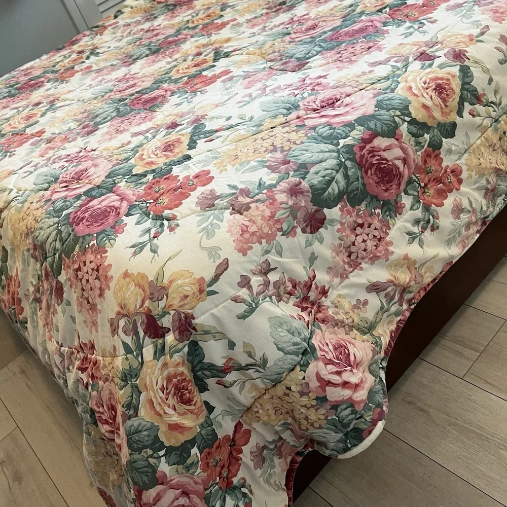90s Vtg Cottage English Garden Reversible Queen Comforter Cabbage Rose Stripes